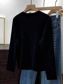 女式休闲条纹拼布圆领长袖T恤，秋季 - 黑色 - 查看 2