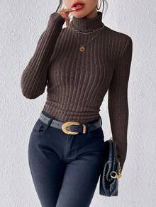 SHEIN Frenchy Áo thun cổ lọ dệt kim gân vải họa tiết nhún bèo - Cà phê nâu - Xem 4