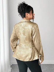 Elenzga 大码金箔领带袖口常规长袖女式衬衫，春秋 - 金色 - 查看 2