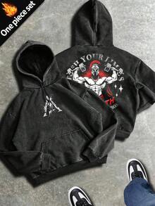 Sport MetroGents 1 pieza Sudadera casual de moda urbana para hombre, sudadera con capucha con cordón, bolsillo y estampado de caballero y letras, forro térmico, adecuada para otoño/invierno