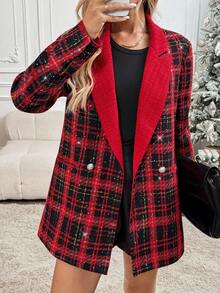 SHEIN LUNE Plus-Size Women's Christmas For Women Red Tweed Women's Coat For Autumn And Winter Is Suitable For Christmas Thickened For Warmth Gothic Women Winter Coats Elegant For Women Thanksgiving For Women Red Thick Woolen Coat For Women, Suitable For Christmas, Autumn/Winter Winter Women Women New Year Women's Coats - Red - View 8