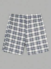 EURMUSE 男式纯棉格子印花拼接室内三件套常规T恤+短裤+长裤家居服套装 - 灰色 - 查看 4