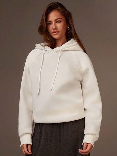 Athîral Winter Clothes For Women,Air Layer White Top,Women's Solid Color Raglan Sleeve Long Sleeve Drawstring Hooded Casual Sweatshirt