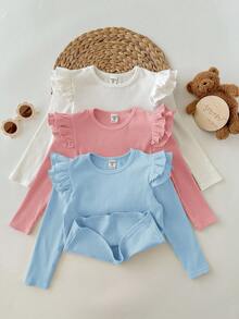 SHEIN 3pcs/Set Babygirl Cute Versatile Solid Color Knit Long Sleeve Top With Ruffle Sleeves, Casual Autumn/Winter - Multicolor - View 4