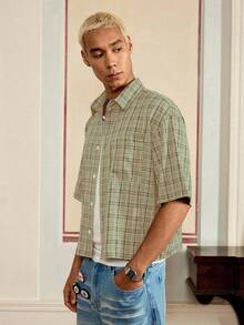 SWAVVY Áo sơ mi nam dáng hộp rộng rãi, màu xanh và tím kẻ caro thêu theo phong cách Standard Fit - màu xanh lá - Xem 3