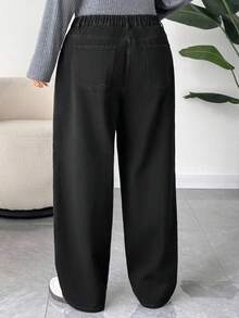 Dazy Plus Plus Size Women Black Solid Washed Slim Straight Leg Long Jeans, Autumn