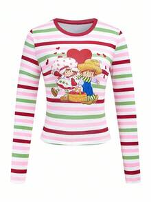 Strawberry Shortcake X SHEIN 秋冬紧身长袖圆领T恤，粉绿白条纹草莓图案浆果闺蜜甜美可爱风格Tee - 粉色 - 查看 3