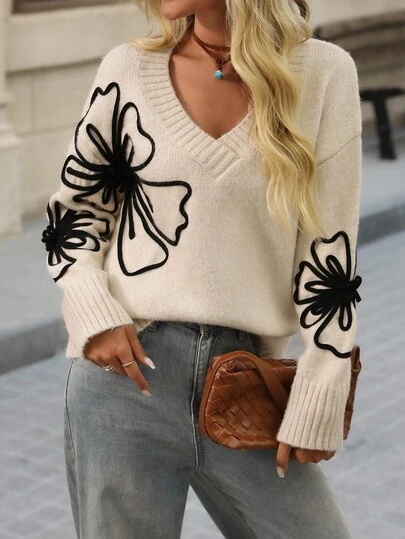 Brillora Women's V-Neck Embroidered Drop Shoulder Long Sleeve Loose Knit Sweater, Autumn/Winter, Fall Sweater, V Neck Sweater, Christmas