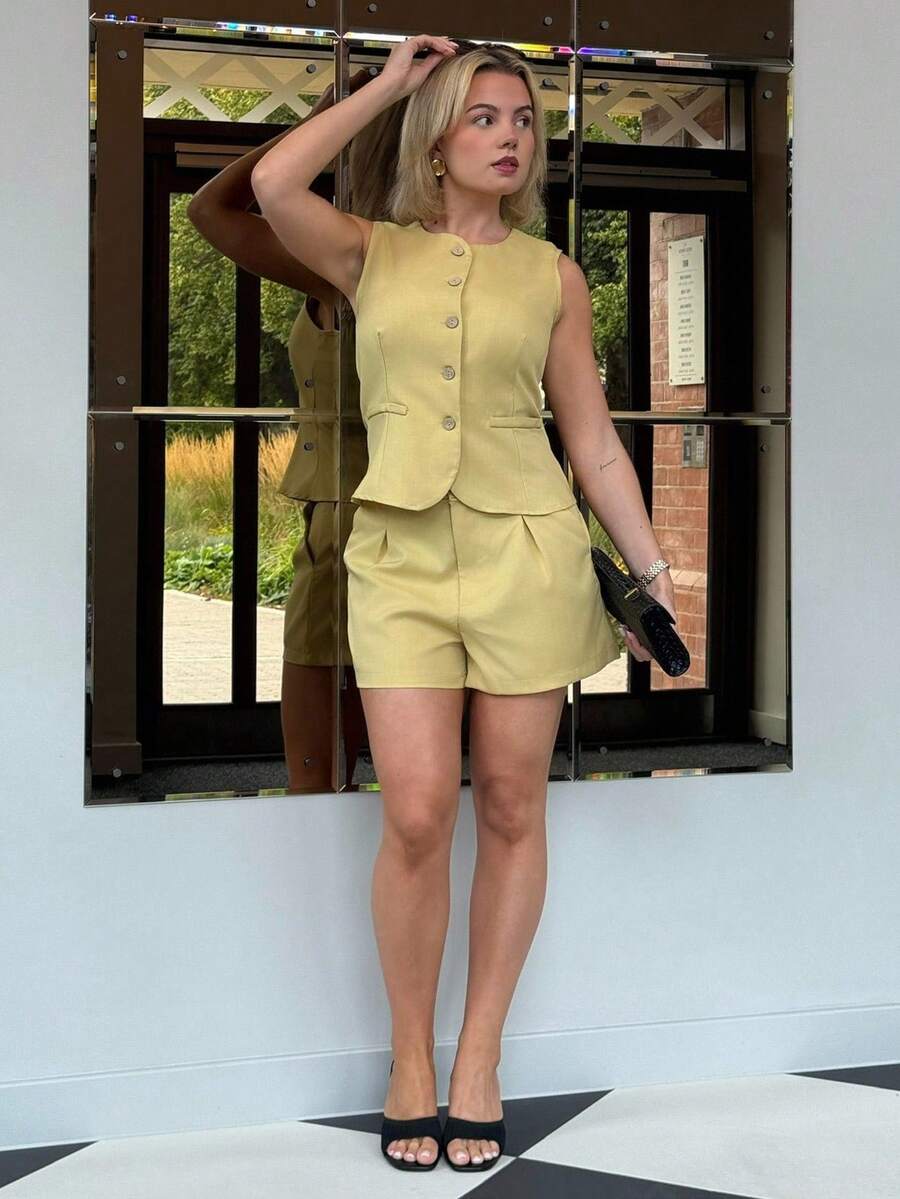 Bethéva Women Sleeveless Cardigan & Shorts Set, Comfortable Vacation Outfit - Yellow - View 1