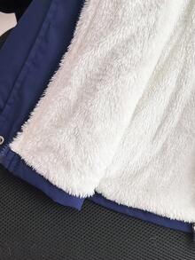 SHEIN 年轻女孩冬季中长款连帽派克大衣，仿皮草领，纽扣开合，腰部收紧，保暖衬里，休闲百搭外套 - 藏蓝色 - 查看 7