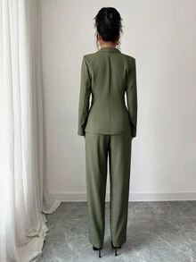 Elenzga 女士秋季翻领长袖金属双排扣夹克和裤子优雅套装 - 軍綠色 - 查看 2