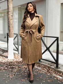 Vionelle Plus Size Women's Elegant French Style Gold Foil Long Sleeve Jacket,Autumn Brown Blazer Dress,Office Black Tie Winter, Earthy Casual - Khaki - View 3