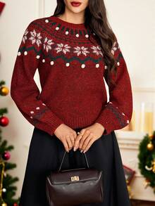 Vintamour Women's Snowflake Crew Neck Pullover Sweater,Burgundy,Autumn,Retro Vintage 70s,Holiday Christmas Jumper New Year Red Top Casual Winter Fall Sweaters - Red - View 2