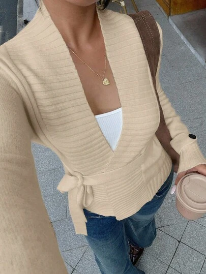 SHEIN Unity Avslappnad enfärgad kofta med knytband, höst