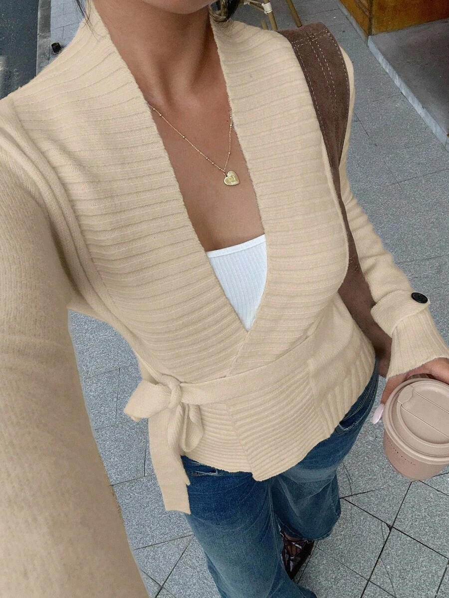 SHEIN Unity Casual Solid Color Tie-Front Cardigan, Autumn - Khaki - View 1