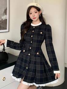 DAZY 女士优雅格子褶皱通勤连衣裙 - 藏蓝色 - 查看 5