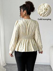 Elenzga Plus Size Elegant Beige Autumn Foil Print Lantern Sleeve Shirt, Asymmetrical Cinched Waist Crew Neck Top For Christmas, Wedding Guest, Party, Women - Apricot - View 2