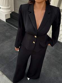 Calvaya Plus Size Women Metal Button Decor Long Sleeve Jacket And Pants Casual Commuter Suit Set Fall Cloth For Women Autumn - Black - View 4