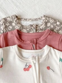 3pcs Newborn Baby Boys/Girls Soft & Comfortable Thin Floral Print Zipper Jumpsuit Set, Long Sleeve Romper & Pants, Casual Outfit For Autumn/Winter - Multicolor - View 6