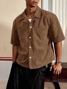 SWAVVY Men's Casual Loose Fit Short Sleeve Woven Shirt - Khaki - View 2
