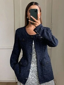 DAZY Women's Elegant Commuting & Party Tweed Jacket Women Coats - Navy Blue - View 3