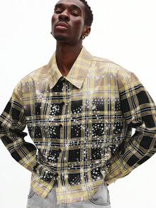 SUMWON Chaqueta de cuadros con estampado de galaxia, cuello con botones, efecto brillante, estilo casual y oversize para otoño e invierno - Caqui - Ver 3