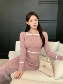 DAZY 2pcs Women Contrast Trim Cardigan & Knit Skirt Set - Pink - View 7