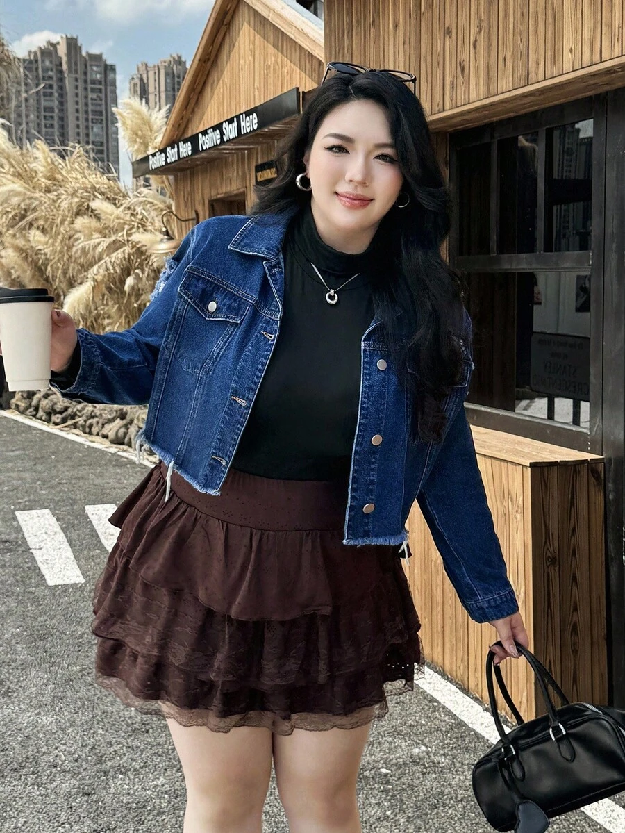 SHEIN ICON Chaqueta vaquera lavada, desgastada y deshilachada de talla grande - Azul lavado oscuro - Ver 1