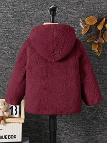 SHEIN 男童休闲时尚小熊刺绣连帽羊毛夹克秋冬女童服装 - 酒紅色 - 查看 2