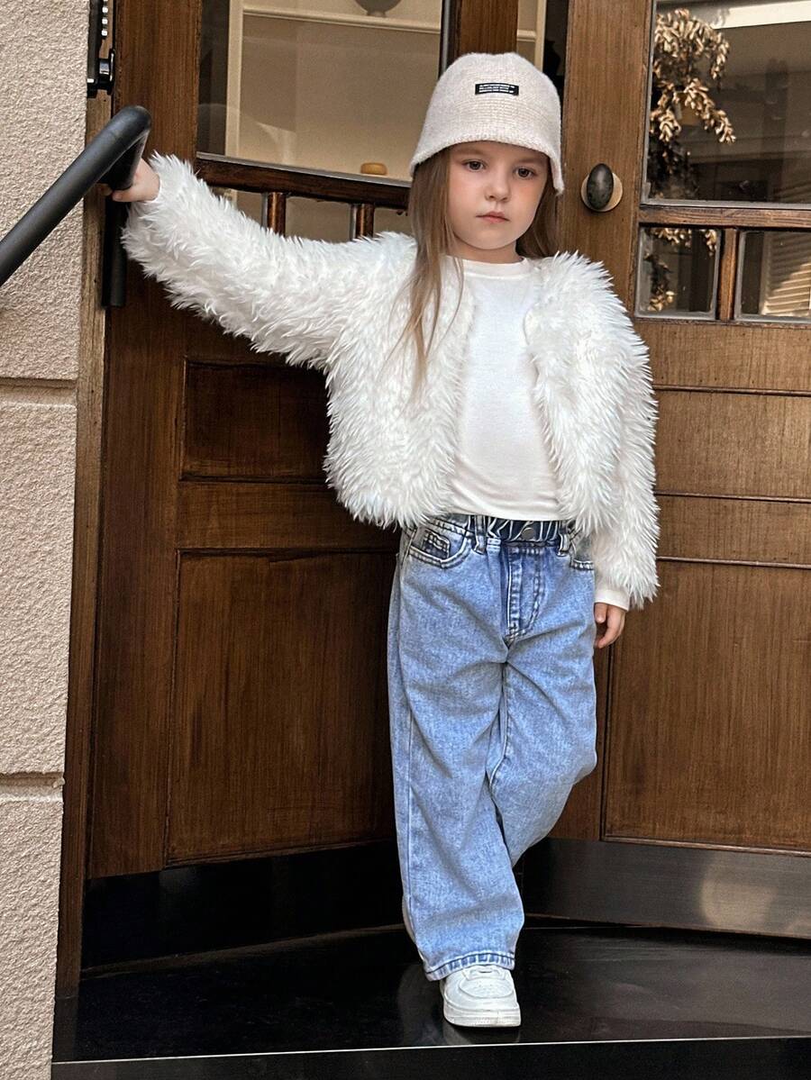 Young Girl Elegant 3D Fluffy Short Cardigan Coat - White - View 1