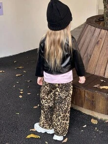 SHEIN Young Girl Solid Color PU Leather Zip Front Long Sleeve Casual Motorcycle Jacket, Suitable For School, Parties And Outings