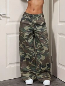 SHEIN Tall Women's Loose Fit American Street Style Camouflage Cargo Denim Jeans - Multicolor - View 4