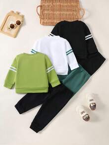 SHEIN Playful Pals 6pcs/Set Baby Boy Letter & Stripe Print Long Sleeve Crew Neck Sweatshirt And Jogger Pants Set, Baby Hoodies, Trousers, Baby Boy Sportswear Set, Infant Activewear, Black/White/Gray, Suitable For Autumn/Winter Winter Clothes - Multicolor - View 2
