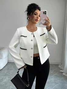 SHEIN Elenzya Elegante chaqueta de mujer tipo cárdigan con cuello redondo, tela texturizada, cinta, bolsillo y decoración de botones