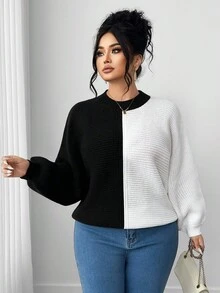 Elenzga Plus Size Women's Black And White Patchwork Batwing Sleeve Crew Neck Sweater,Autumn Elegant Smart Casual Everyday Gothic Thick Knitted Loose Pullover - Black and White - View 5