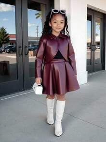 3pcs Young Girls Sweet Fashion Deep Red Long Sleeve PU Leather Collar Jacket, Paired With Simple Black Long Sleeve Top And Deep Red PU Leather A-Line Skirt Soft Comfortable Set, Autumn/Winter Fall - Rusty Rose - View 3