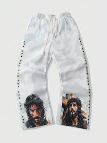 ROMWE MEN Street Life Calça Casual com Cordão e Cintura Elástica, Estampa Gráfica de Rua, Adequada para Primavera/Verão, Outono - Branco - Visão 4