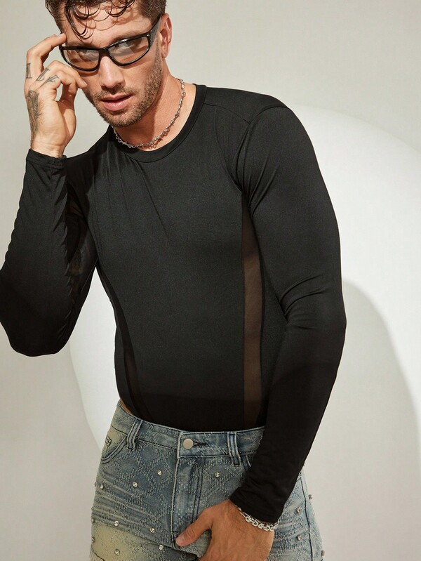 FeverCity Mono de manga larga ajustado con parches de malla para hombres, otoño