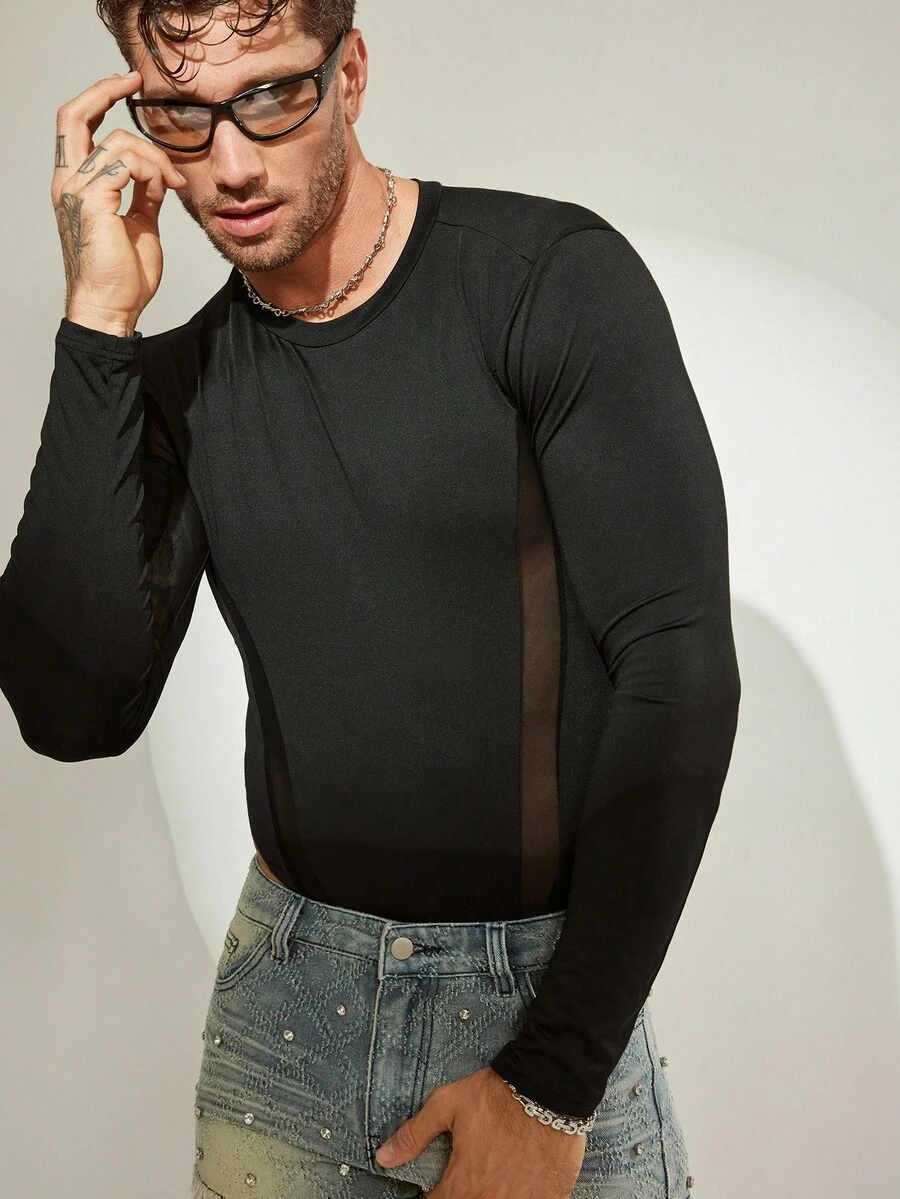 FeverCity Herren eng anliegender langärmeliger Mesh-Patchwork-Bodysuit, Herbst