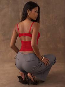 SHEIN BAE Áo hai dây ren phối màu trơn thanh lịch dành cho nữ, mùa hè, gợi cảm, màu đỏ, ngày lễ tình nhân, quà Valentine cho phụ nữ. - Đỏ - Xem 2