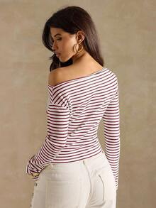 SHEIN BAE 女式条纹不对称肩长袖收腰短款时尚T恤 - 紅色 - 查看 3