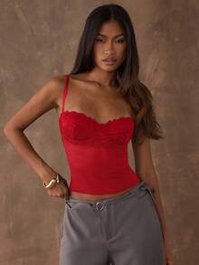 SHEIN BAE Áo hai dây ren phối màu trơn thanh lịch dành cho nữ, mùa hè, gợi cảm, màu đỏ, ngày lễ tình nhân, quà Valentine cho phụ nữ. - Đỏ - Xem 5