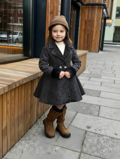 Elladie kids 少女款喇叭下摆长款及膝牛仔外套，水洗黑色牛仔布，复古时尚休闲度假风，百搭大翻领设计，秋冬款