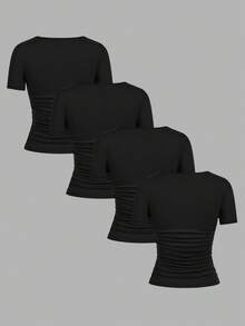 SHEIN EZwear 4 件套黑色休闲简约纯色舒适圆领短袖 T 恤女士，适合春夏季 - 黑色 - 查看 3