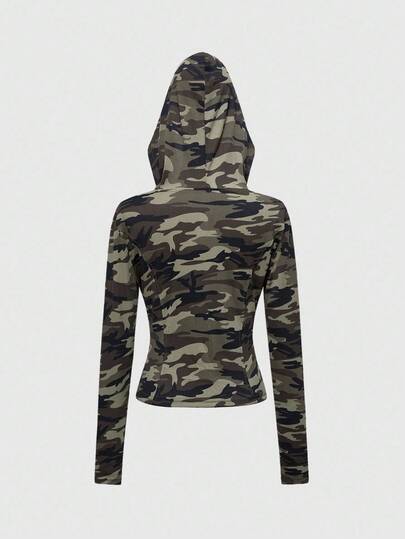 J-Fashion Veste zippée ajustée à capuche avec imprimé camouflage Y2K pour femmes