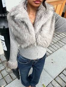 Muchica Women's Fashionable Street Style Faux Fur Zip-Up Long Sleeve Jacket, Light Grey Autumn Winter Clothes For Women - Light Grey - View 6