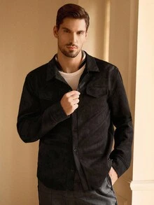 Mainfolk Camisa casual y versátil de unicolor para hombre, otoño - Negro - Ver 3