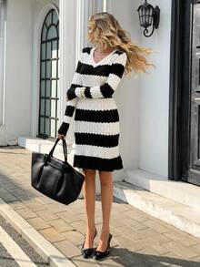 Chiquease 全新百搭黑白荷叶边下摆针织女裙 - 黑與白 - 查看 4