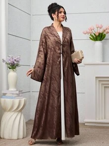 Yasmyna Elegant Tie-Front Long Sleeve Jacquard Satin Abaya Robe For Women