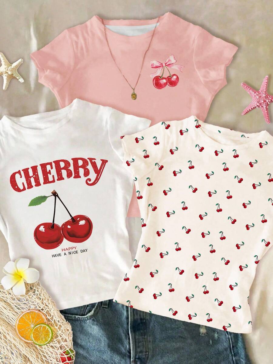 SHEIN Leap Crew Bộ 3 áo thun cổ tròn tay ngắn cạp cao họa tiết quả anh đào cổ điển, thiết kế tối giản, thường ngày cho bé gái, màu trắng, trắng kem, hồng kem, thích hợp cho mùa hè - Nhiều màu - Xem 1